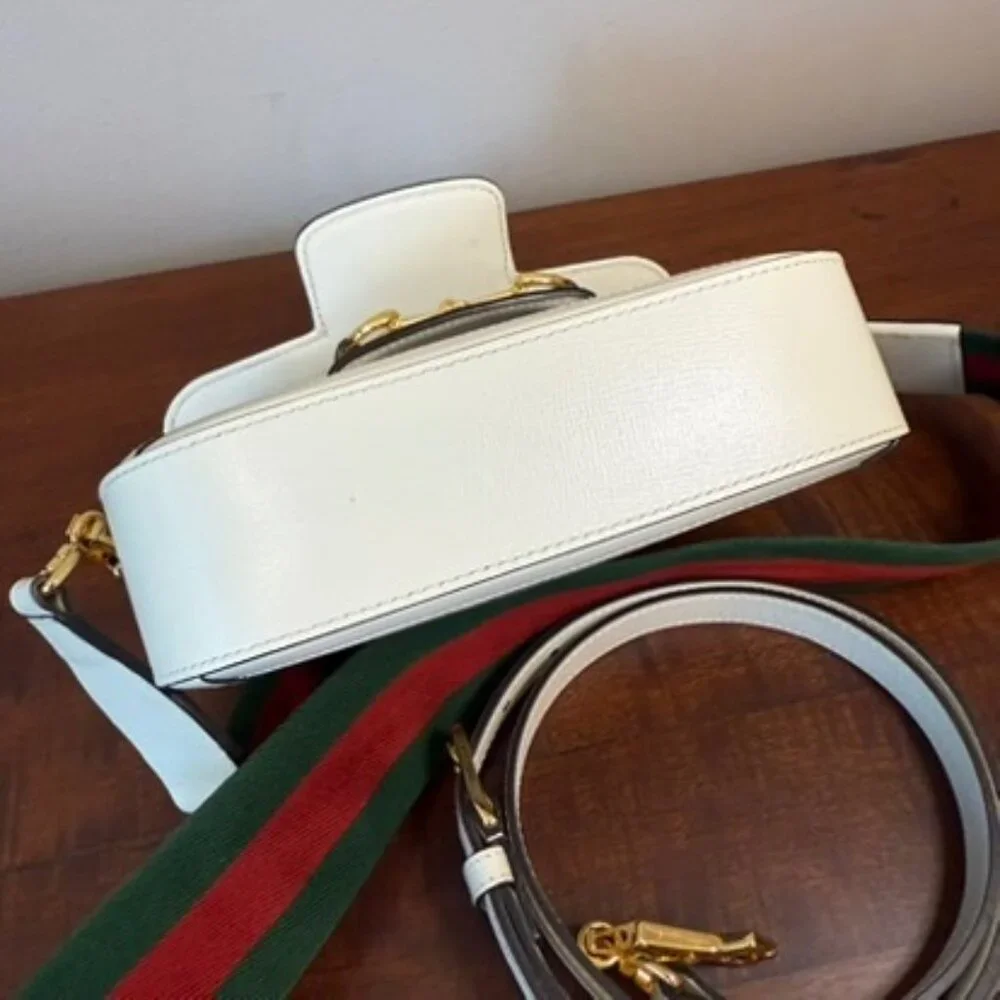 Gucci Horsebit 1955 Small Shoulder Bag GG Supreme White Leather - Picture 5 of 5
